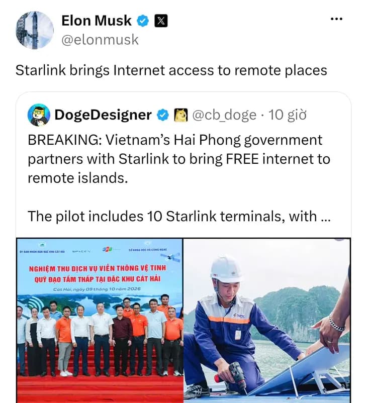 Tỉ phú Elon Musk đăng thông tin trên mạng X: Hải Phòng đưa Internet vệ tinh ra đảo xa