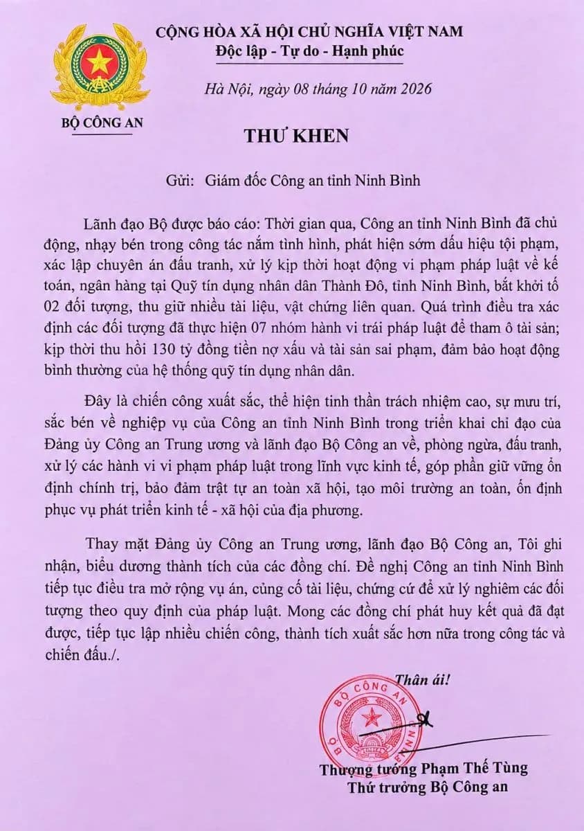 Lãnh đạo Bộ Công an đề nghị Công an Ninh Bình điều tra mở rộng vụ tham ô tại Quỹ tín dụng nhân dân Thành Đô